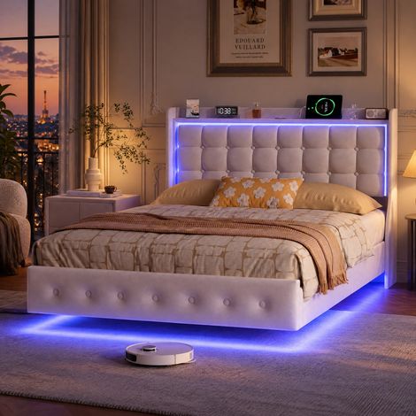 JOOKGBD–Schwebebett gepolstert 160x200 cm,Doppelbett,Jugendbett,LED-Beleuchtung,USB-Anschlüsse,Staufach-Kopfteil,Bettkasten,Lattenrost aus Holz,Samt,Weiß (1/5)
