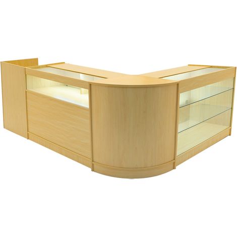 Set Mostradores Comerciales "POLARIS"   Arce  CM60 + B1200 + K1200 + TB60 MDF y vidrio templado  Estantes y puertas corredizas con cerradura  Fácil Montaje  Mostrador Recepción Expositor Comercial Mes