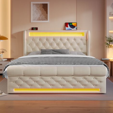 Lit coffre capitonné 140x200cm - avec LED - avec ports USB et Type-C - Velours - Beige