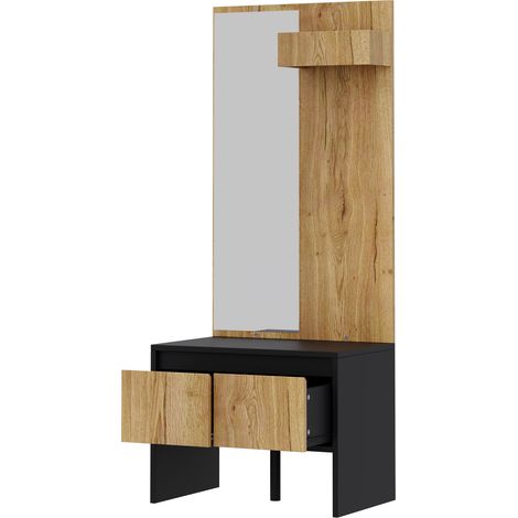 Recibidor con perchero, espejo, banco zapatero y 2 cajones, 60 x 38 x 145 cm (1/5)