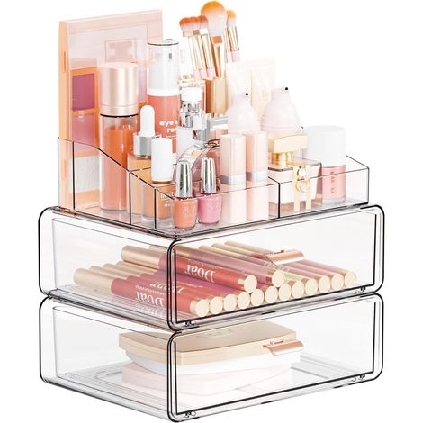Transparenter Make-up-Organizer aus Acryl für Schminktisch, Schreibtisch oder Badezimmerablage. Dieses dreistöckige, stapelbare Regal bietet Platz für Make-up, Paletten und Pinsel. (1/5)
