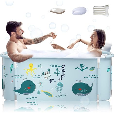 Baignoire pliable portable de 140 cm avec cadre en métal, grande baignoire familiale pour adultes, conversion efficace de baignoire chaude et froide (style océan avec cadre en métal) (1/5)