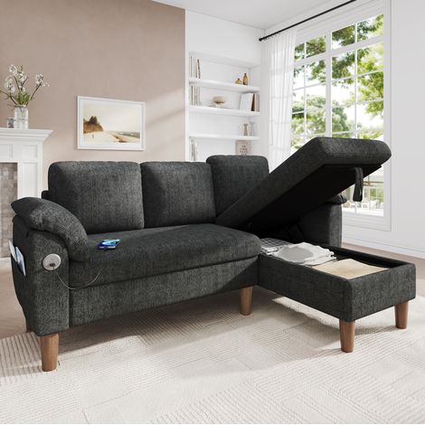 Sofá chaise longue esquinero 3 plazas con arcón, USB y Type-C reversible chenilla gris oscuro (1/5)