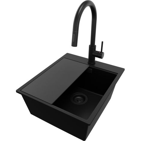 PRIMAGRAN Evier Cuisine en Granit 43x50cm, Lavabo 1 bac + Robinet 40x20cm + Kit de Vidage + Accessoire, Évier à Encastrer au meuble 45cm - Oslo, Tout Noir (1/5)