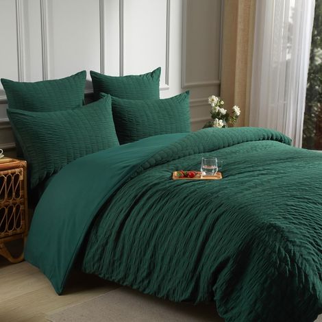 Parure de lit 2 pièces en seersucker - Housse de couette 135 x 200 cm - Vert foncé - Avec housse de couette et taie d'oreiller de 80 x 80 cm - Pour décoration de chambre à coucher (1/5)