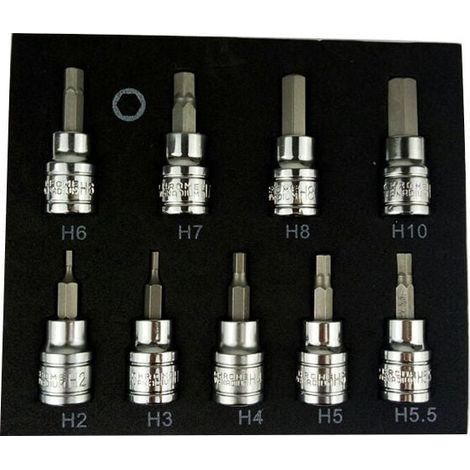 Ratschen- und Steckschlüsselsatz. Satz mit 9 Innensechskant-Steckschlüsseln für 3/8"-Inbusschlüssel (metrisch). Antrieb 2–10 mm. (1/4)