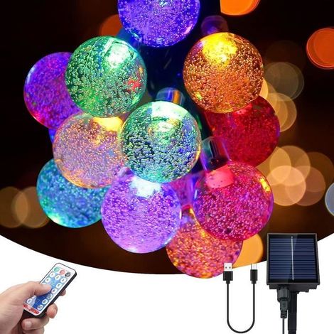 60 LED Guirlande Lumineuse, Solaire/USB, Boules Cristal Multicolore, Décoration Extérieure Jardin
