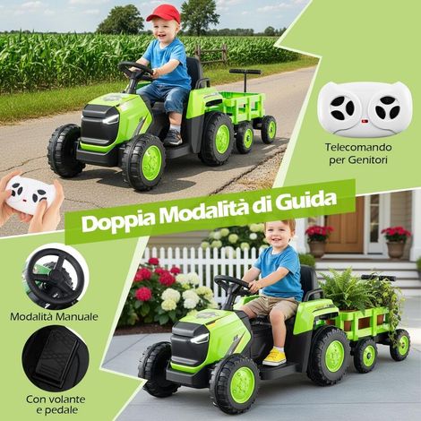 Pour Enfants 37-95 Mois Pilotage Simple Tracteur Électrique 12V avec Remorque Amovible Batterie 7Ah Vert (1/5)