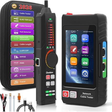 Testeur Câble Réseau RJ45 Professionnel avec Écran IPS 4", Ethernet Tester Rechargeable, Outils Réseau, Détection POE++, Mesureur de Longueur de Câble, Test TDR RJ45, NCV, Alimentation PD, FTP (1/5)