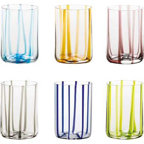 Zafferano Lot de 6 Gobelets Tirache en verre coloré fait à la main, design élégant avec lignes en relief, couleurs assorties, qualité artisanale
