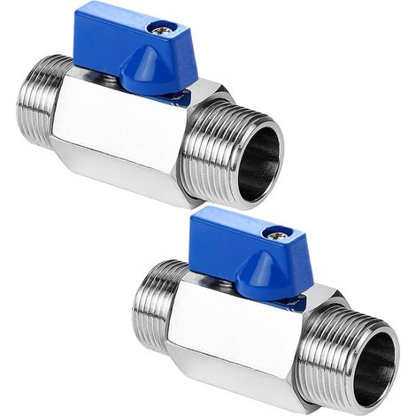 Lot de 2 mini-vannes à bille 1/2 pouce, filetage mâle G1/2, en cuivre, avec interrupteur d'arrêt à poignée bleue et vanne à ballonnet DN15. (1/5)