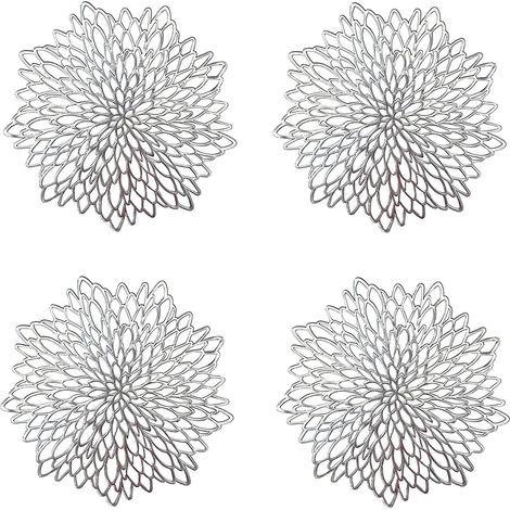 4 Stück silberne Tischsets, ausgehöhlte runde Tischsets, runde Tischsets aus Kunststoff, verwendet für Tellerwärmeisolierung und Tischdekoration (Silber) (1/5)