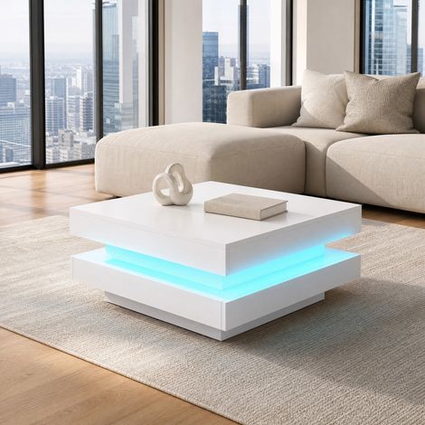 Mesa de centro cuadrada blanca lacada con tablero giratorio 70 x 70 x 36 cm, LED, DESVIAE (1/5)
