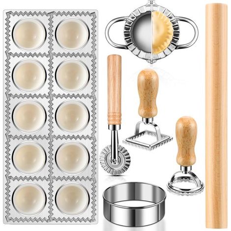 Ensemble de 7 moules à raviolis avec coupe-raviolis rotatif et manche en bois, idéal pour la maison et les restaurants. (1/5)