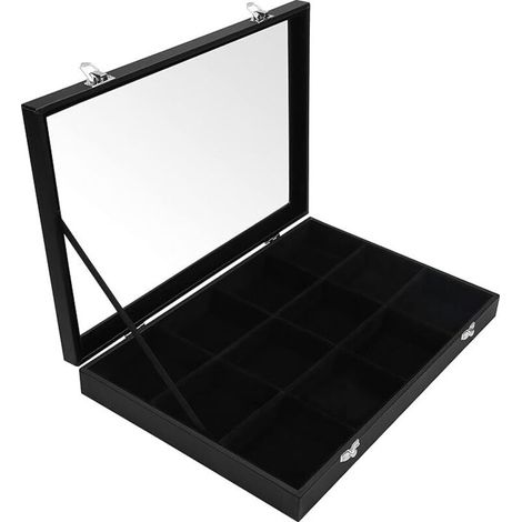 Schmuckorganizer aus schwarzem Samt mit 12 Fächern und Glasdeckel - Fe