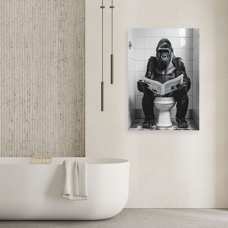 Wandbild Lustiger Affe in einer Toilette Gorilla liest Zeitung schwarz weiß 40x60 (1/4)