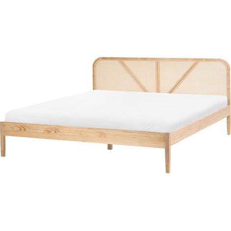 Bed Light Brown Pine Wood Frame Rattan Headboard EU Super King Size 6ft Retro Style Bedroom BELLEME (1/5)