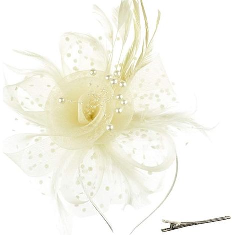 Pinces à cheveux - Chapeaux bibis ornés de fleurs, de rubans en résille et de plumes sur un bandeau et une pince à cheveux fourchue. Accessoires de tête pour cocktails et tea parties, pour filles et f (1/5)