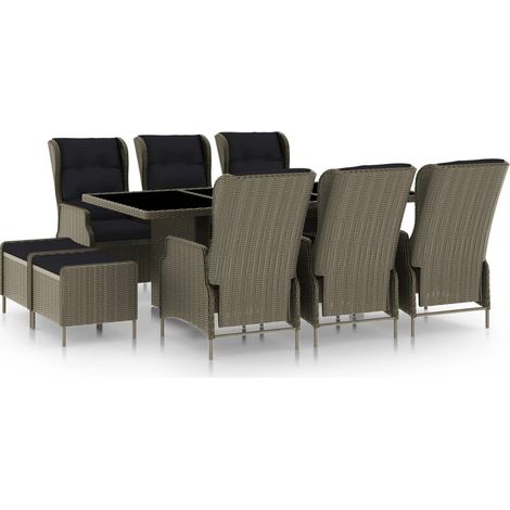 9-tlg. Garten-Essgruppe mit Auflagen Poly Rattan Braun