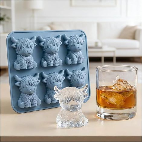 Bac a Glaçon en Forme de Highland Cow, Moule a Glacons Moule Spécialement pour Le Whisky, 6 Compartiments, Silicone 3d, Moule à Whisky pour Fêtes et Usage Domestique, Un Ensemble (1/5)