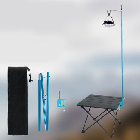Pied de lampe extérieur en alliage d'aluminium, support de lampe pliable et léger pour le camping, poteau d'éclairage, support de bureau, bleu - double usage (bureau et sol) avec clous. (1/5)