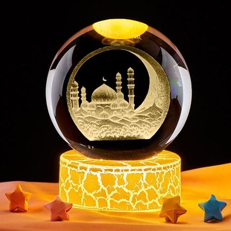 Ramadan - Sfera di cristallo decorativa a LED - Decorazione Eid Mubarak - 6 cm - Alimentata tramite USB - Con supporto - Regalo musulmano per bambini, amici, coppie, compleanno, festività (E) [Classe 