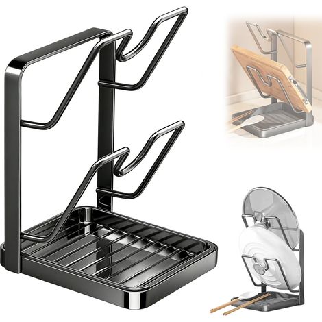 Topfdeckelhalter, Topfdeckel Organizer Küchenregal, mit Löffelablage, Topfhalter Löffelablage Küche, 2-in-1-Design für Zwei 16-34cm Topfdeckel Deckelhalter, Stabile Pot Lid Organizer Holder (1/5)