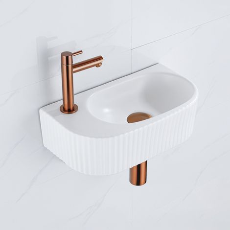 QeramiQ Fuente Ensemble de Lavabo - 40x21.5x12cm - gauche - strié - demi-rond - 1 trou de robinet - céramique - ensemble de robinet en cuivre brossé -