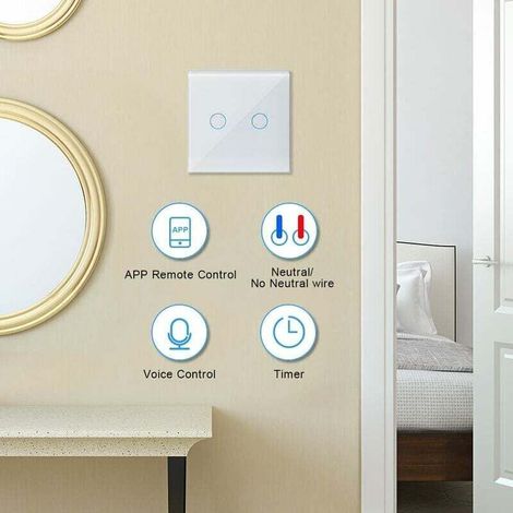 WiFi Touch Switch, Compatible with Alexa and Google Assistant, 2 Gang, 1 Way, Tuya Smart Life App-Controlled Smart Wall Light Switch