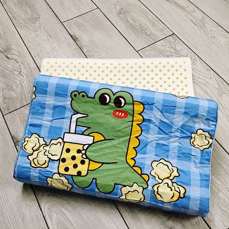 Oreiller Enfant Latex Naturel Courbé Respirable Double Couche Motif Cartoon Numéro 3 Bleu 27x44cm (1/5)