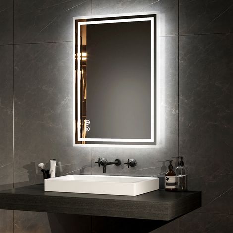 EMKE LED Bathroom Mirror Bluetooth Bathroom Mirror with Shaver Socket Dimmable Backlit Cosmetic Mirror with Demister, Fuse, 500x700MM