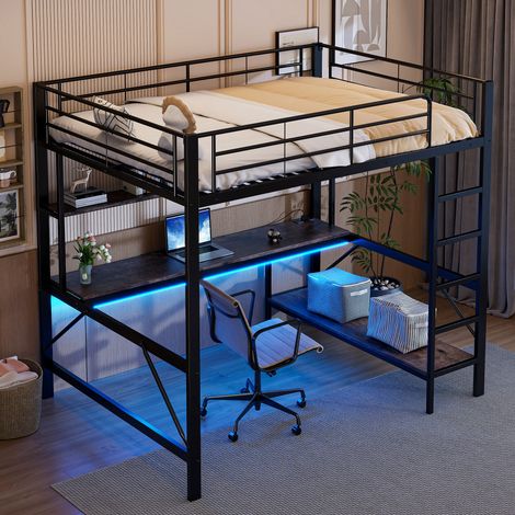 Hochbett Doppelbett mit USB, Steckdose, LED, Schreibtisch und Regal 140×200 cm, ohne Matratze, Metall Schwarz