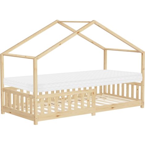 ML-Design Kinderbett Hausbett 90x200 cm Natur mit Matratze H:10cm, Holzbett mit Rausfallschutz, Lattenrost, Spielbett aus Kiefernholz für Kinder, Montessori Bodenbett Bettgestell Bettenhaus Juniorbett