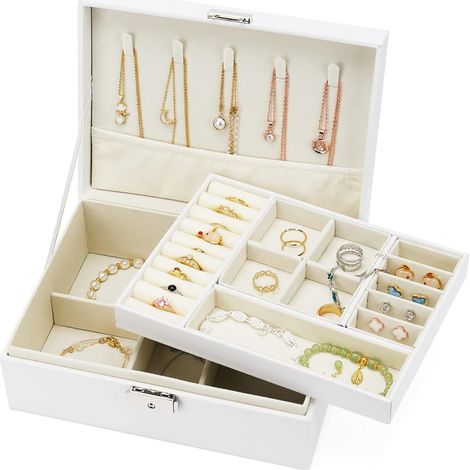 Girls Two-Layer Jewelery Box, Pu Leather Lockable Jewelery Box, Jewelery Storage for Storing Rings Earrings Necklace Bracelet, Jewelery Boxes for Girls Women (White) (1/5)