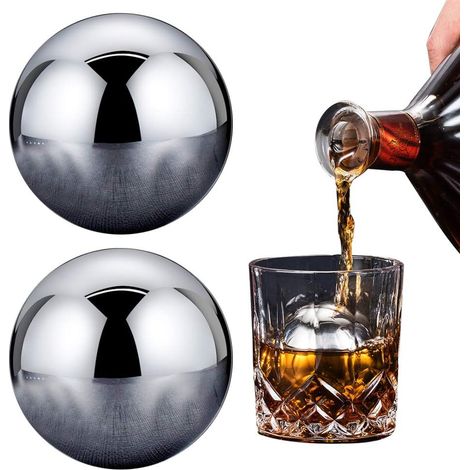 Lot de 2 glaçons métalliques réutilisables, grandes boules rondes en acier inoxydable, pierres à whisky sphériques pour rafraîchir les boissons, style balle de golf, idéal pour un bar à vin rouge.-Aqu (1/5)