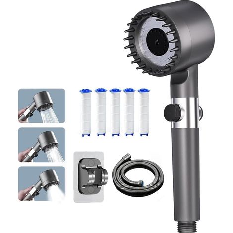 Water-Saving Shower Head with Hose 1.5 m, Anti-Limescale filtered shower head with 3-Layer Filtration, 3 Jet Types Rain Shower Head, Anti-Limescale Shower Head with Water Stop Button