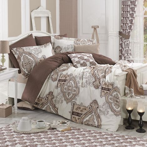 Parure housse de couette + 2 taies d'oreiller 240x220 Marron Blanc Crème