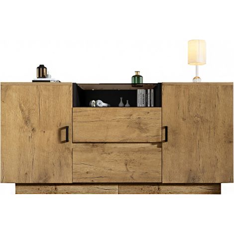 Eichenoptik Kommode Sideboard mit 2 Schubladen + 2 Schränken (innen höhenverstellbar) & offenem Fach - ESG-Glas & schwarze Griffe, H70/B140/T40 cm