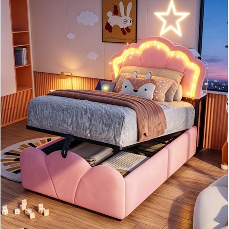 Polsterbett 90x200 cm Rosa Samt mit LED, Stauraum, Kopfteilfächern und Steckdosen (1/5)
