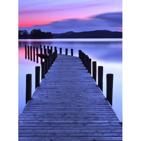 Papier peint panoramique lac bleu & violet | Tapisserie panoramique ponton sur l'eau & coucher de soleil | Papier peint panoramique salon & escalier - 192 X 260 cm (4 pièces) (1/2)