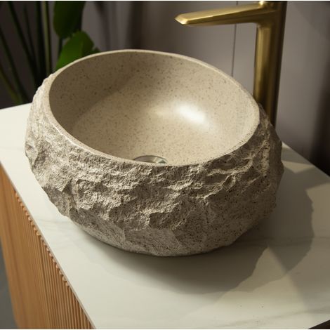 Vasque à poser 45x32x15 cm en résine beige, effet pierre, sans robinet, pour salle de bain – MEUBLIV (1/5)