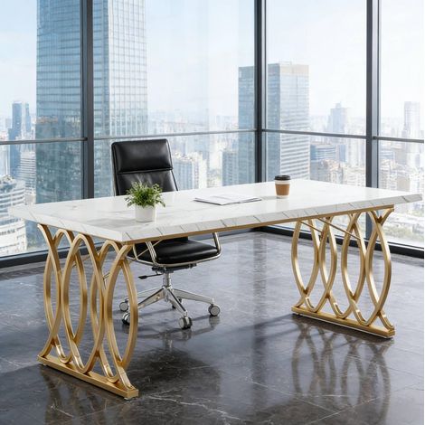 Scrivania 160 x 80 x 75 cm piano effetto marmo bianco, struttura in metallo dorato HAVRYA (1/5)