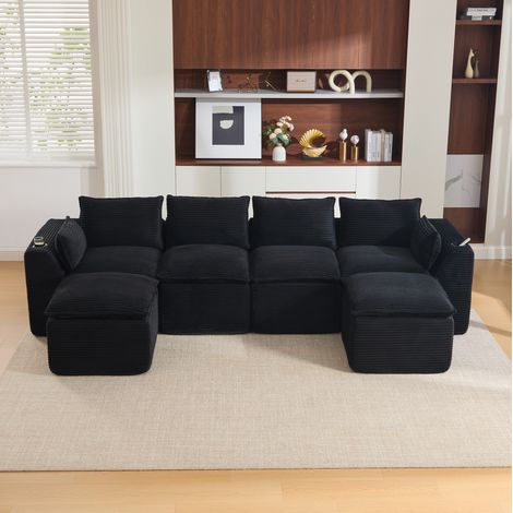 Sofá modular de 4 plazas con 2 pufs, cojines y portavasos, negro DESVIAE (1/5)