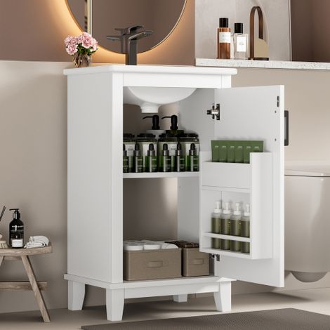 Meuble de salle de bain sur pied 51 x 34 x 83 cm, vasque intégrée, laqué, étagères porte réglables, pour les petits espaces, blanc (1/5)