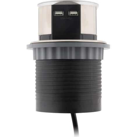Otio – Multiprise encastrable Schuko 3 prises 16A + 2 USB 5V 2,4A – Indice de protection IP20 – Câblage H05VV-F 3G1,5mm² – Diamètre de perçage Ø100mm