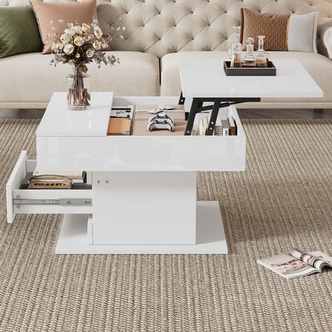 Mesa de centro 70x70x45 cm blanca en aglomerado con tablero elevable giratorio 360° y almacenaje (1/5)