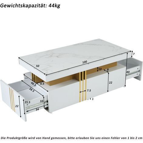 Moderner rechteckiger Couchtisch mit Hochglanzplatte mit 2 Holzschubladen, marmorierte Tischplatte, für Wohnzimmer, 1005040 cm (1/5)