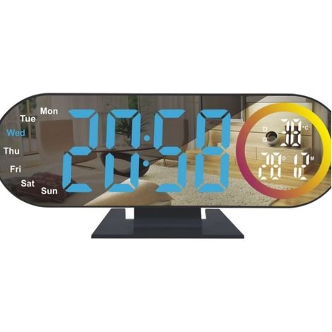 Digitaler Wecker mit integriertem Thermometer, Datums- und Wochentagsanzeige, farbwechselnder LED-Hintergrundbeleuchtung