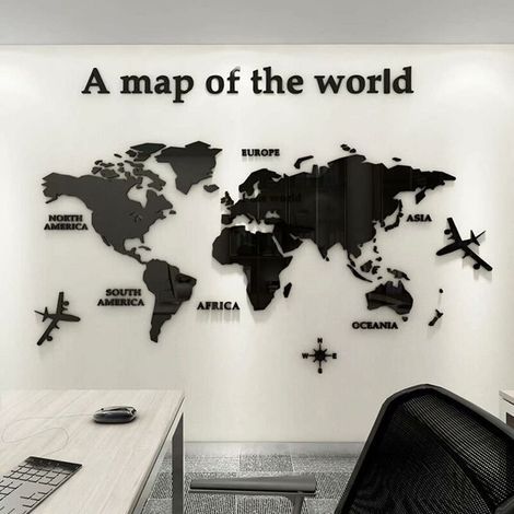 3D Art Carte Du Monde Muraux Sticker Murale Wall Décoration Décor Stickers Sticker Autocollant Murale Muraux Wall DIY Acrylique Cristal Bureau étude Salon Canapé Fond Décor (Noir,80 × 40cm) (1/5)