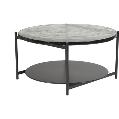 Runder Couchtisch mit zwei Tischplatten aus recyceltem Glas und schwarzem Metall D85 cm WELLE